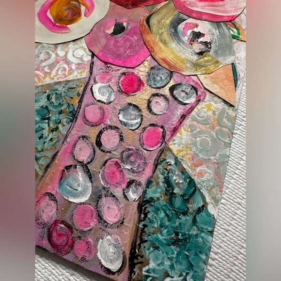 Original Art Painting Mixed Media Acrylic Collage on Canvas Board Pink Floral - Picture 5 of 8